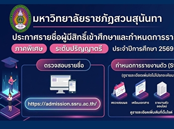 ประกาศรายชื่อผู้มีสิทธิ์เข้าศึกษา
(ภาคพิเศษ)
และกำหนดการรายงานตัวนักศึกษาใหม่
ระดับปริญญาตรี ประจำปีการศึกษา 2569
(รอบที่ 1)
