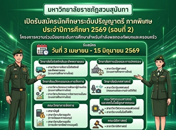รับสมัครนักศึกษาใหม่
โครงการความร่วมมือพัฒนายกระดับการศึกษากำลังพลทหารบกและครอบครัว
(ภาคพิเศษ ระดับปริญญาตรี ประจำปีการศึกษา
2569) รอบที่ 2