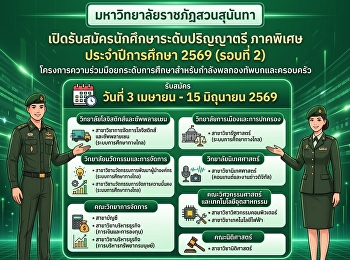 รับสมัครนักศึกษาใหม่
โครงการความร่วมมือพัฒนายกระดับการศึกษากำลังพลทหารบกและครอบครัว
(ภาคพิเศษ ระดับปริญญาตรี ประจำปีการศึกษา
2569) รอบที่ 2